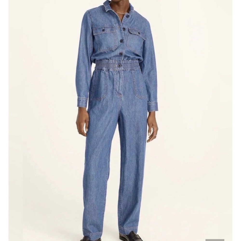 J.Crew Utility Denim Cinched Jumpsuit Women Blue 4 Long Sleeve Cotton Lyocell